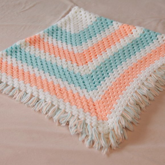 Vintage Handmade Handknit Peach, Blue & White Afghan Baby Blanket 38" x 38" - Picture 3 of 4